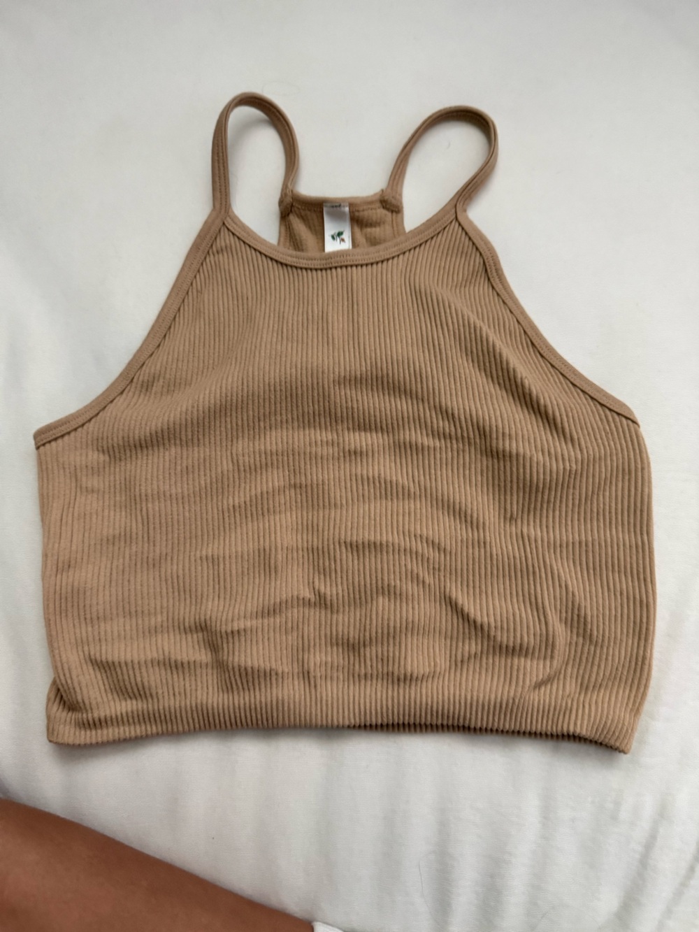 Love Tree Ribbed High-Neck Tank Top in Beige-Tan
